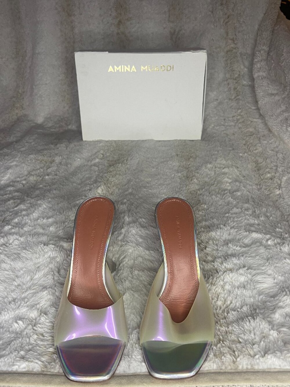 Amina Muaddi Lupita Glass Slipper 95 PVC Pearly White Mule - Size 37